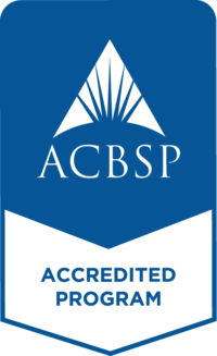 Blue vertical ACBSP accreditation logo. 